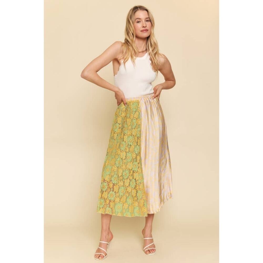 Mystree Womens Midi Skirt Size M Mixed Media Lace Satin Floral Yellow Fairy Boho
